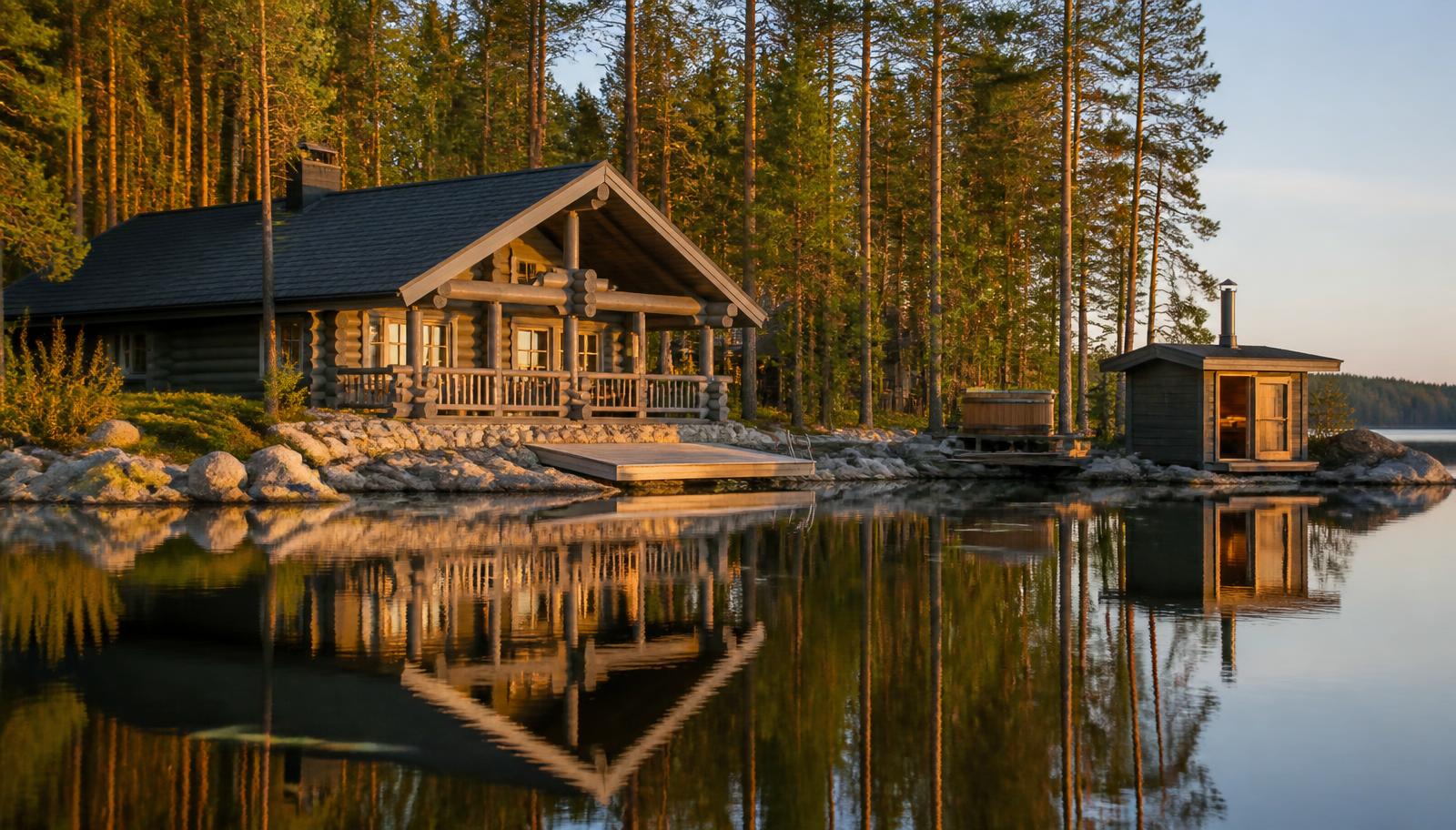 Hirsimökki ja rantasauna suomalaisen järven rannalla iltavalossa