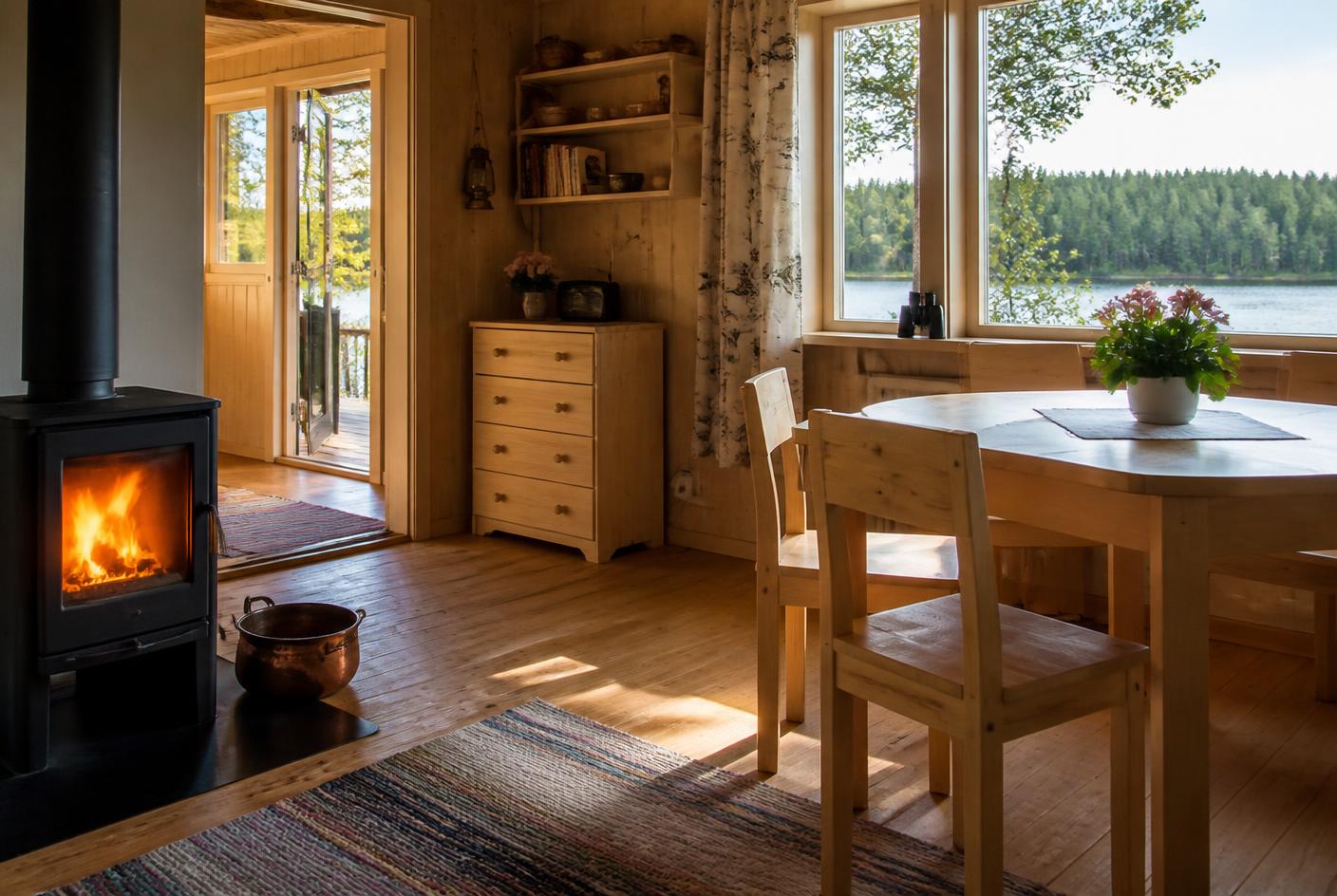 Mökin tupa, puukamiina ja ikkunanäkymä järvelle