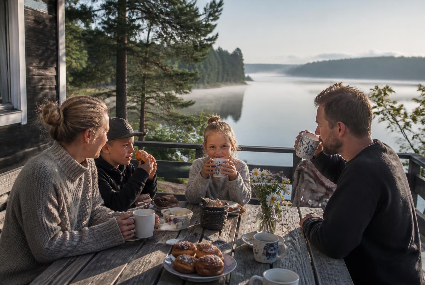Perhe aamiaisella mökin terassilla, usva järven yllä
